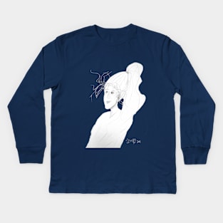 sketch of a woman with windswept hair and long ponytail Kids Long Sleeve T-Shirt